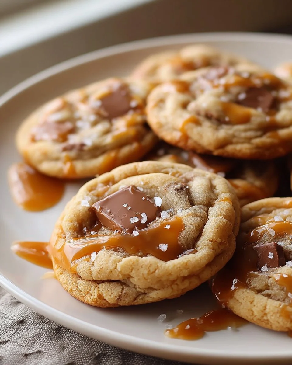Freshly baked salted caramel cookies on a cooling rack