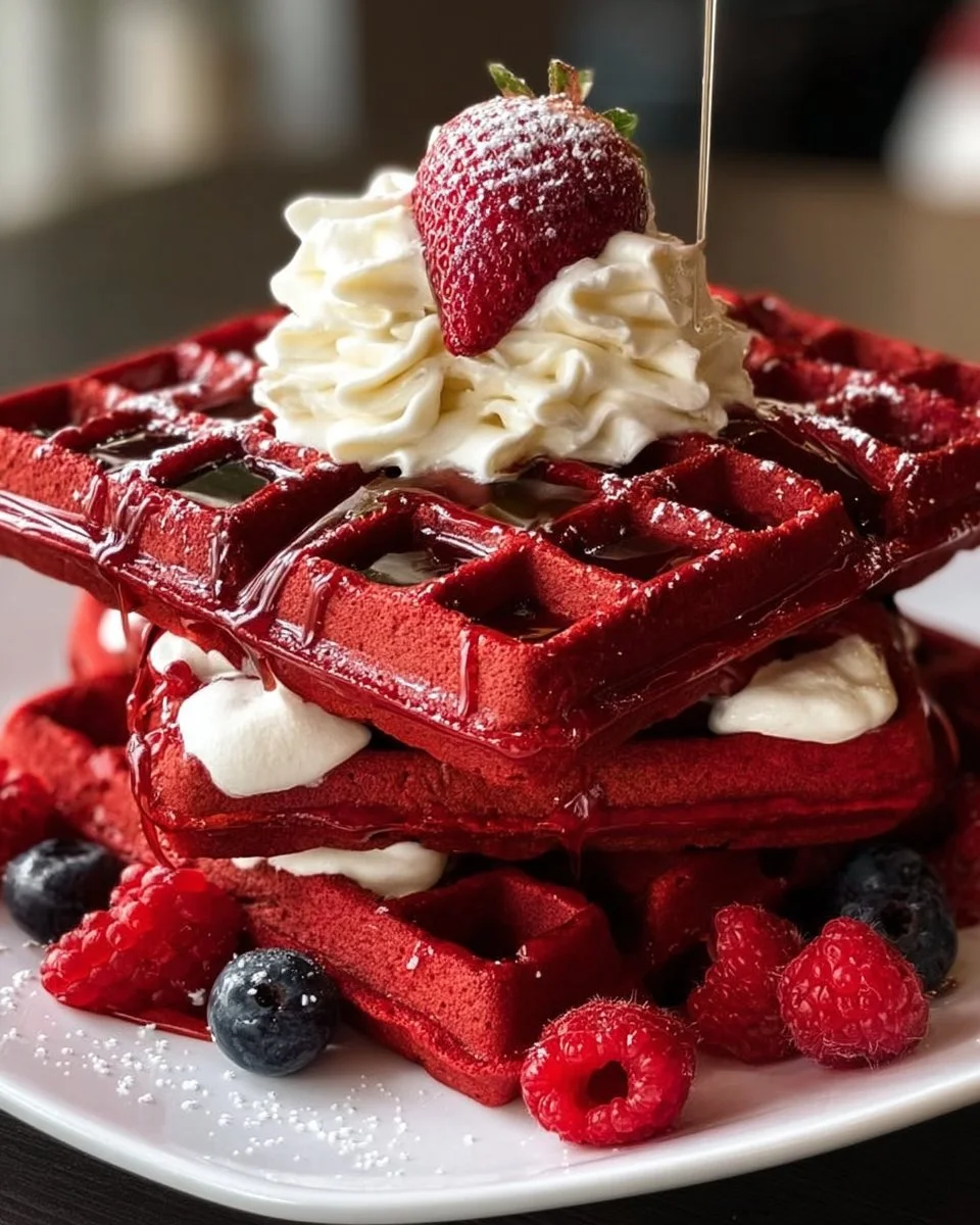 Irresistibly fluffy red velvet waffles topped with whipped cream and chocolate syrup