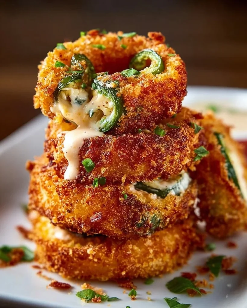Jalapeño popper stuffed onion rings, a tasty appetizer with spicy filling.