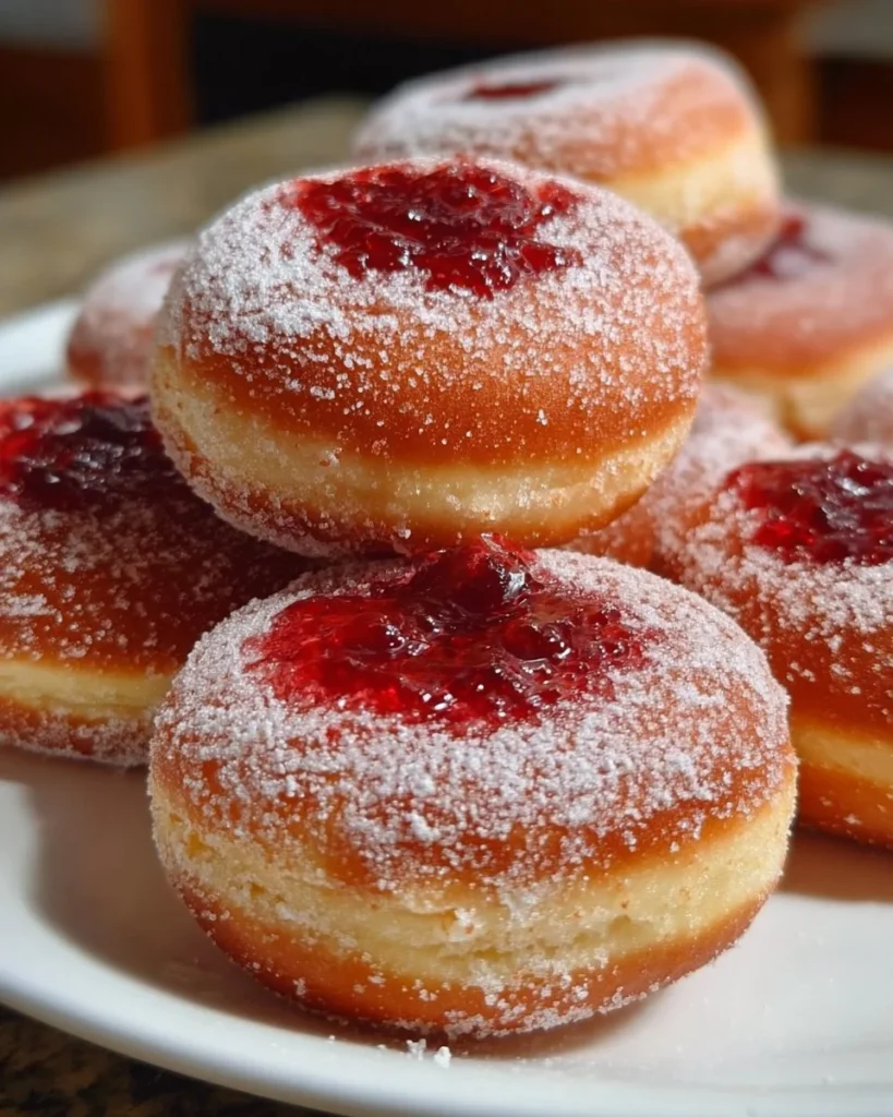 Freshly baked jelly donuts filled with fruit preserves and sprinkled with sugar.