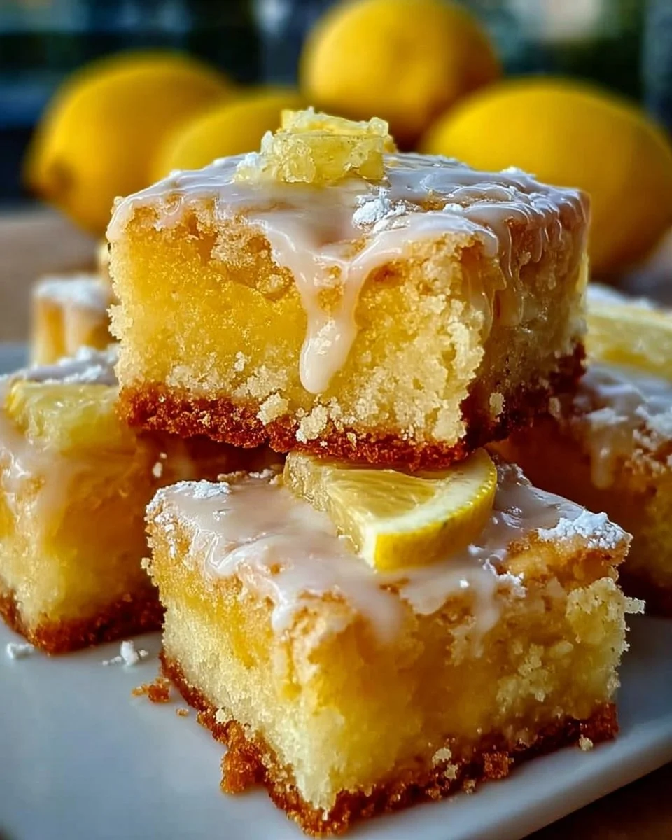 Delicious homemade Lemon Blondies on a wooden table