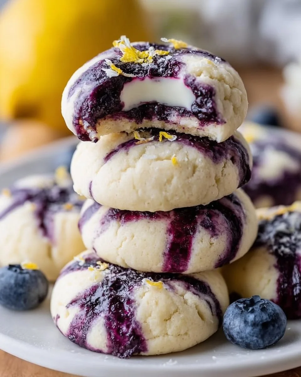 Lemon blueberry cheesecake cookies on a white plate with blueberries