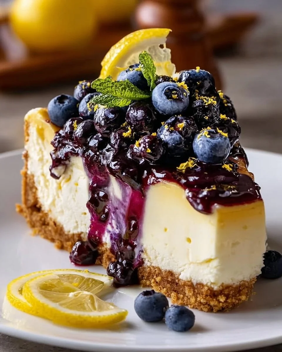 Lemon blueberry cheesecake topped with fresh blueberries and lemon zest