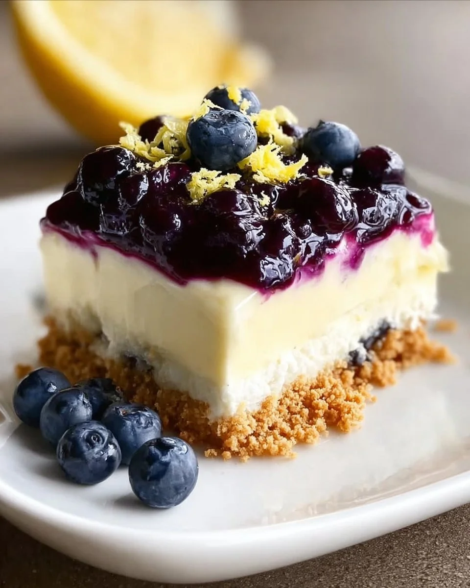 Delicious Lemon Blueberry Dessert garnished with fresh berries and lemon zest.