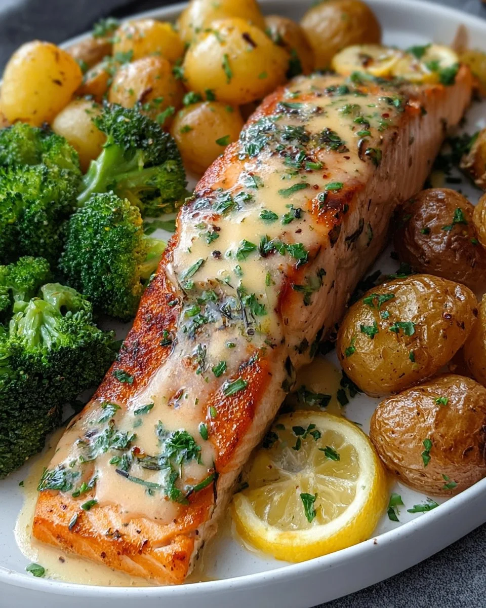 Lemon Butter Salmon served with crispy potatoes and broccoli on a plate