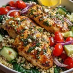 Lemon Herb Grilled Chicken Quinoa Bowl with fresh vegetables