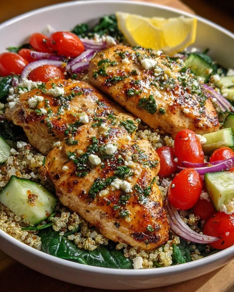 Lemon Herb Grilled Chicken Quinoa Bowl with fresh vegetables