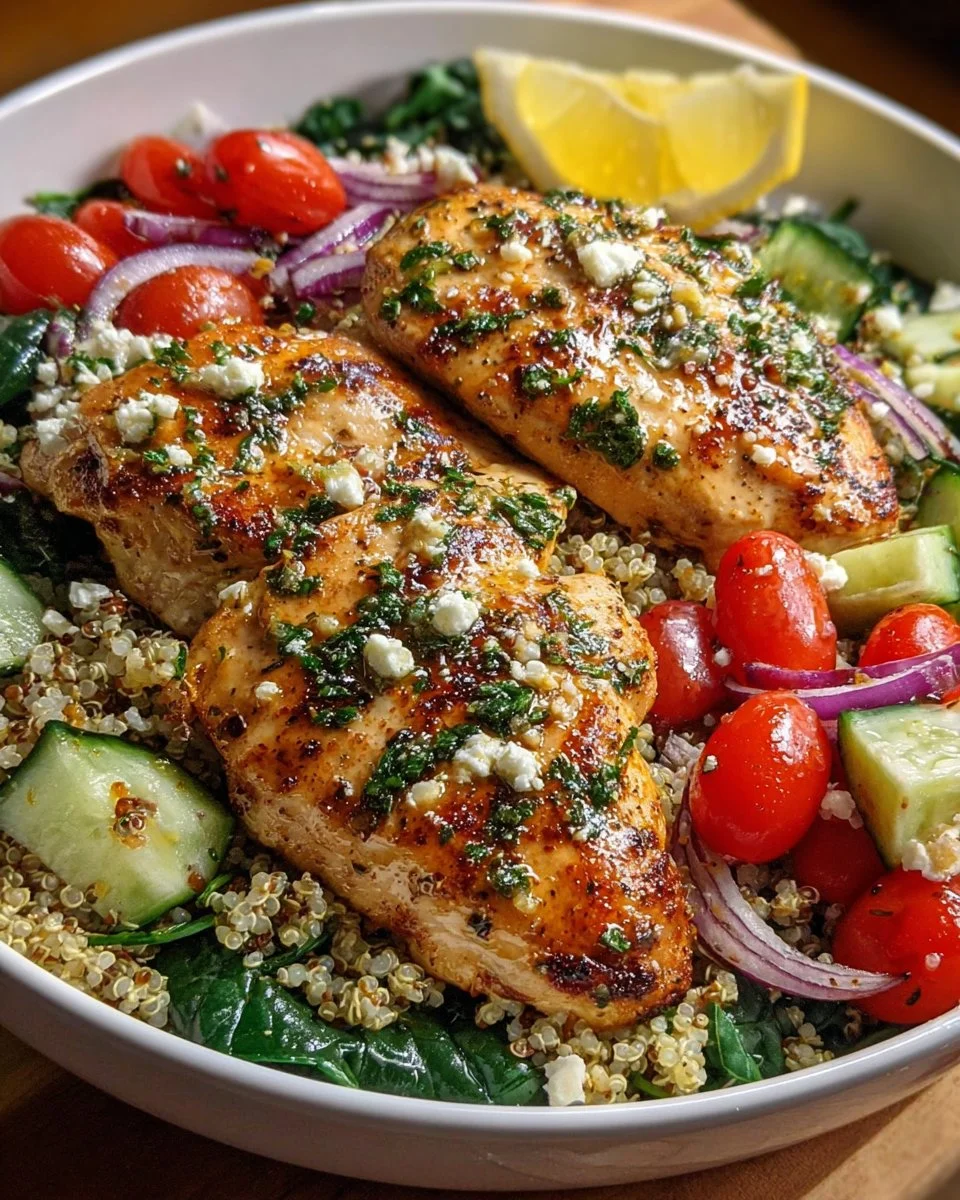Lemon Herb Grilled Chicken Quinoa Bowl with fresh vegetables