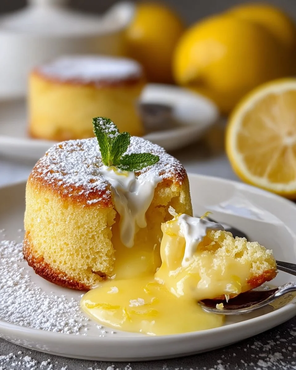 Lemon Lava Cake with gooey lemon center and garnished with zest