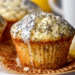 Freshly baked lemon poppy seed muffins on a wooden table