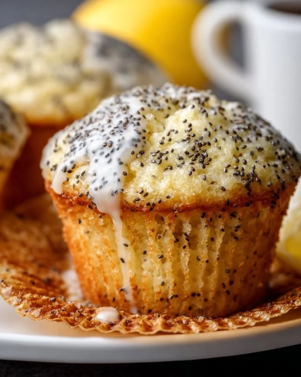Freshly baked lemon poppy seed muffins on a wooden table