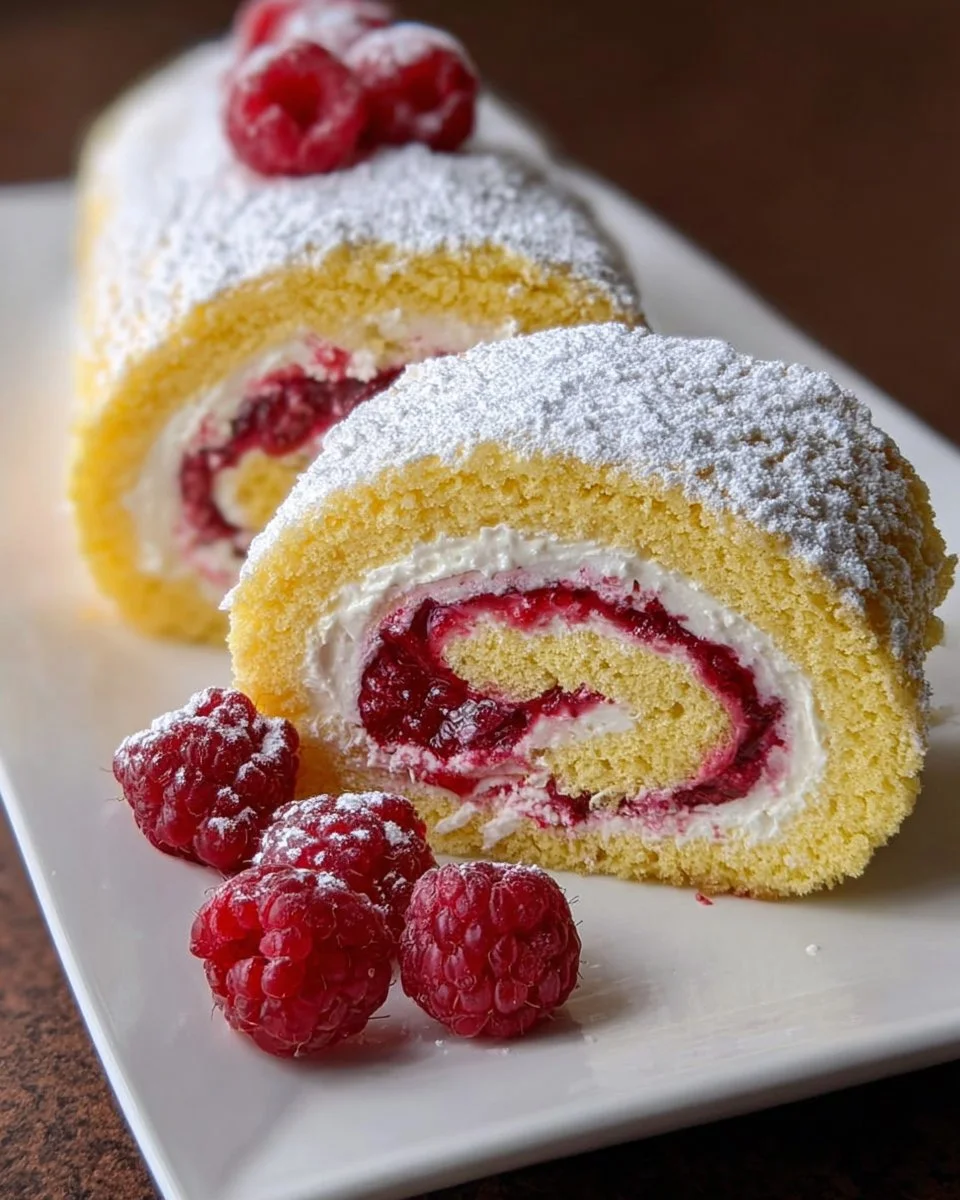 Lemon Raspberry Velvet Roll Cake with fresh raspberry garnish