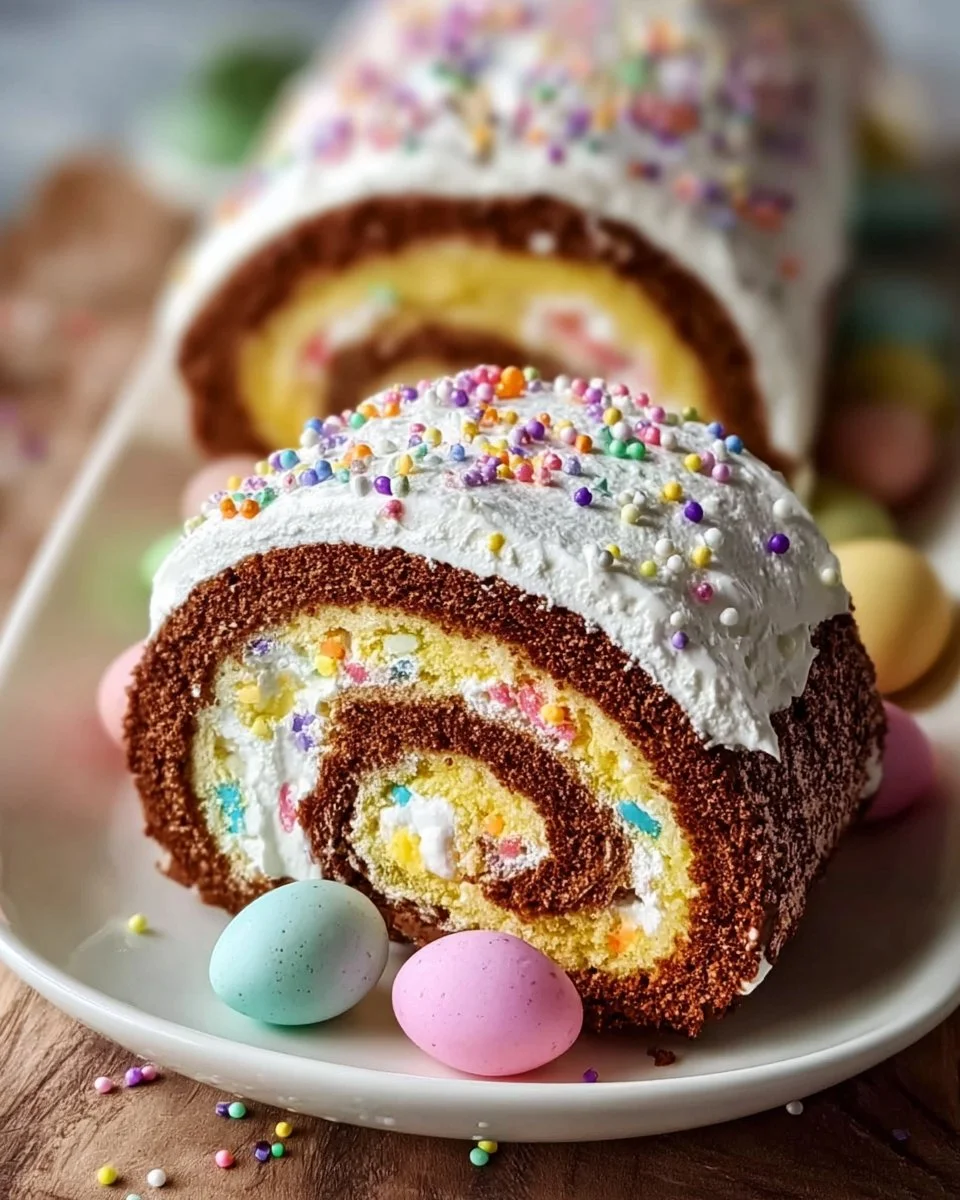 A beautiful Easter cake roll decorated with pastel colors and festive designs.