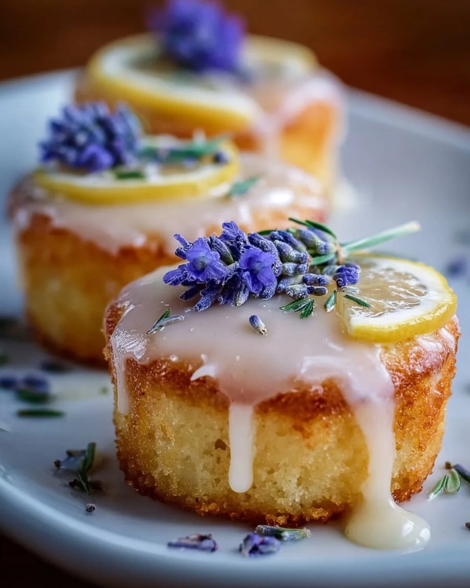 Mini lemon cakes with lavender glaze served on a beautiful plate