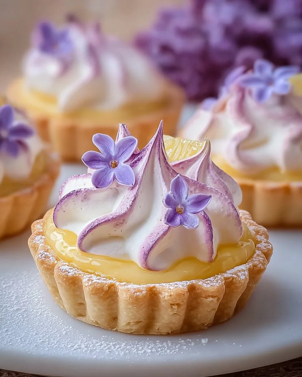 Mini lemon tart topped with lilac meringue, a spring dessert delight.