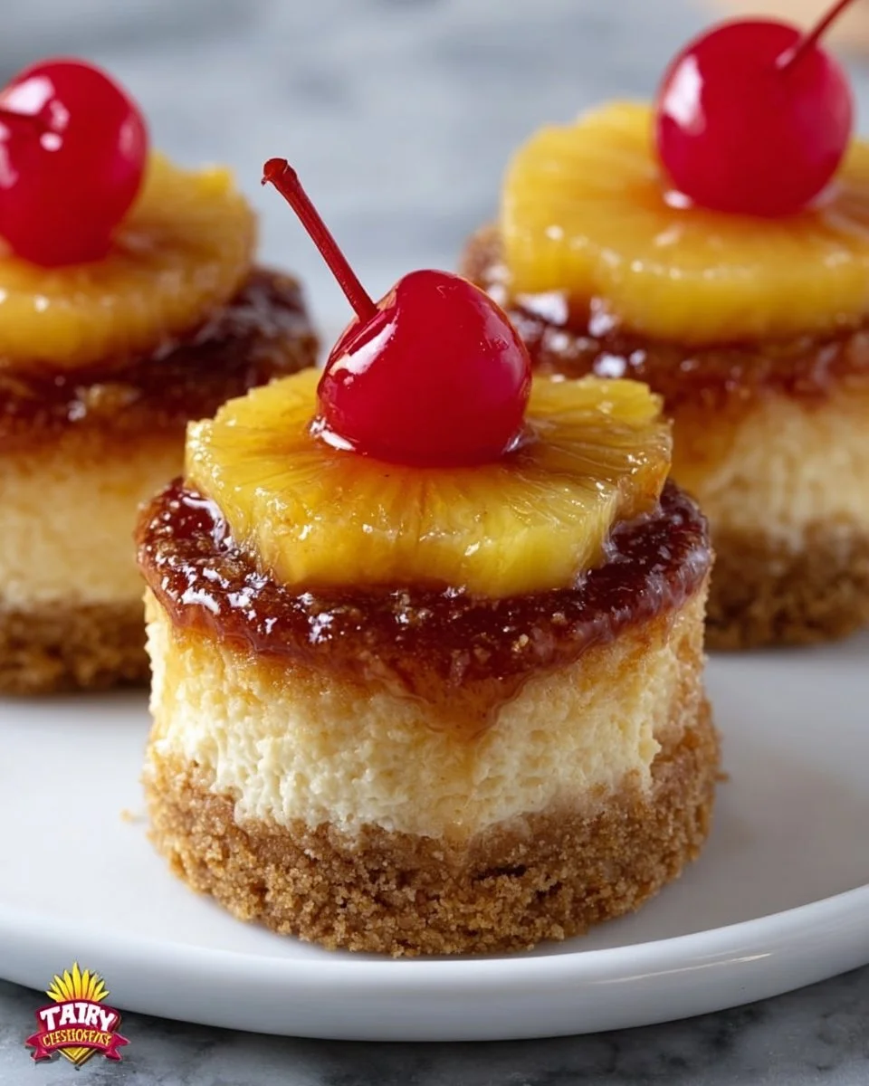 Mini pineapple upside-down cheesecake topped with cherries and pineapple slices