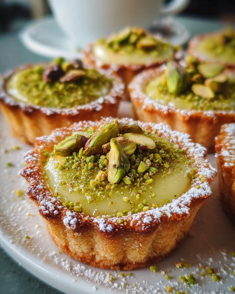 Mini pistachio tartlets ready to be served at a dessert table