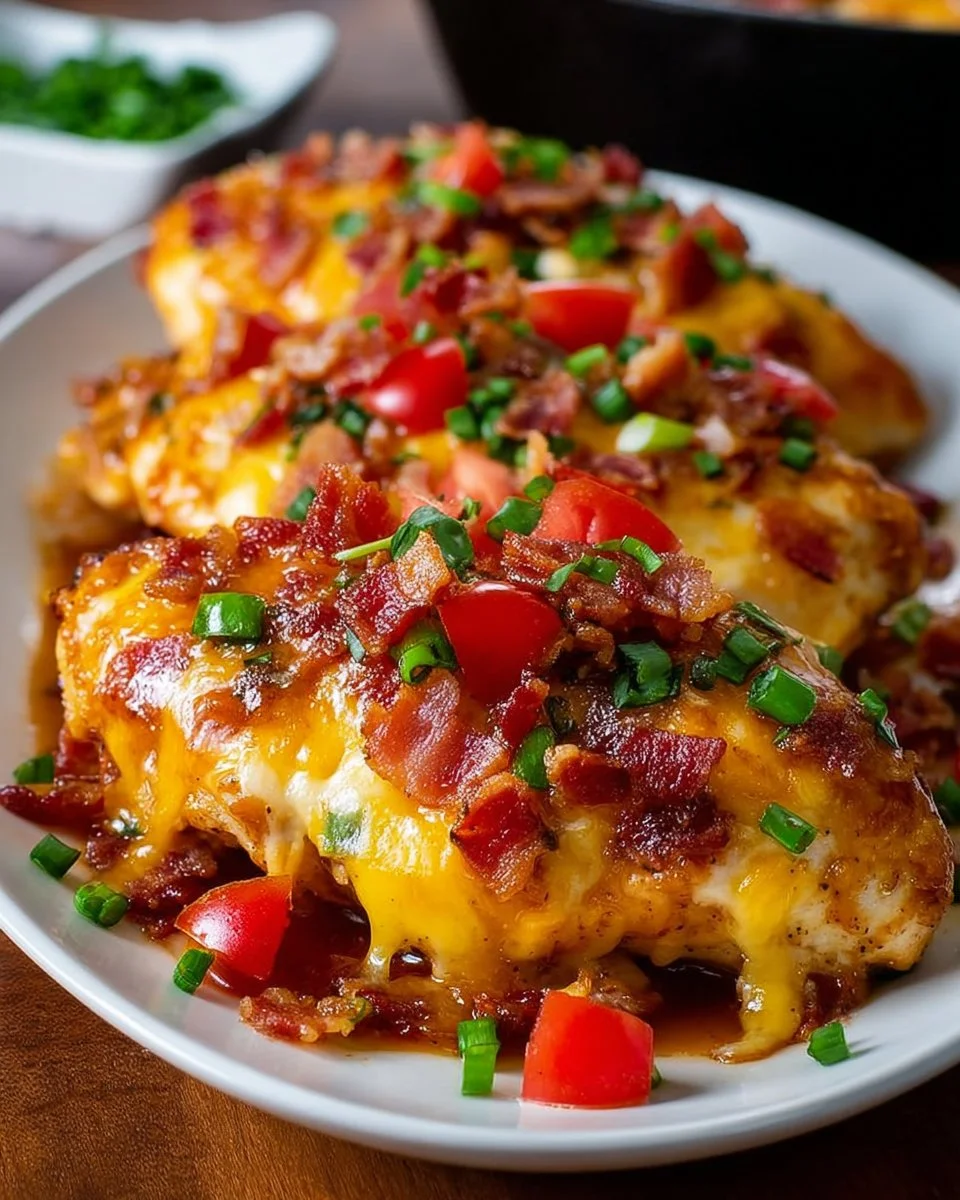 Delicious Monterey Chicken topped with cheese and fresh vegetables on a plate.