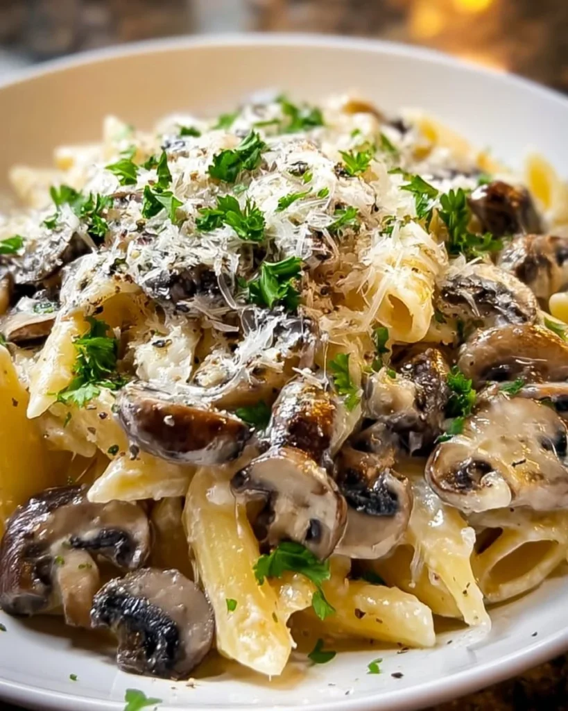 Creamy Mushroom Gruyere Pasta with sautéed mushrooms and melted cheese