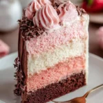 Delicious Neapolitan cake with layers of chocolate, vanilla, and strawberry.