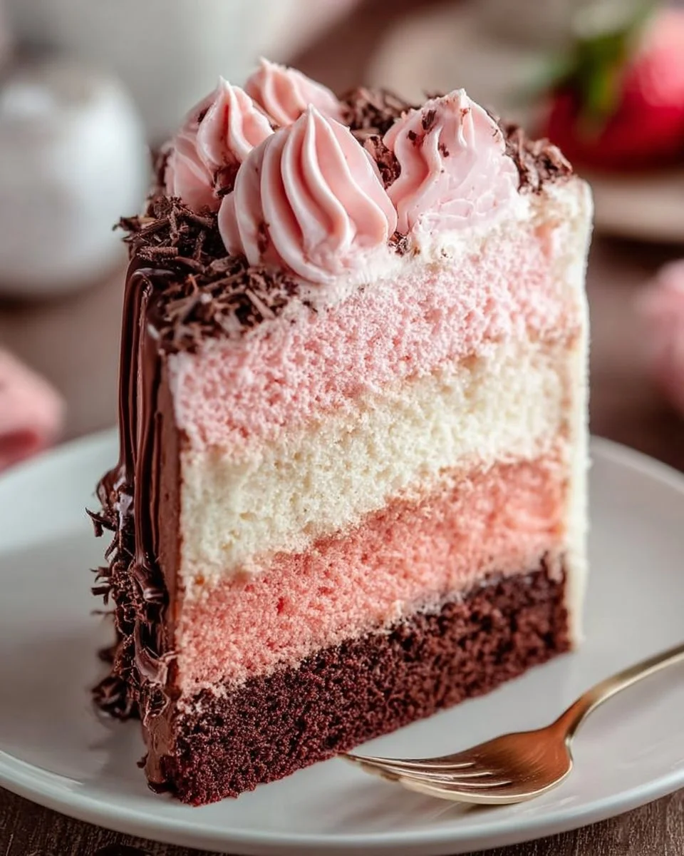 Delicious Neapolitan cake with layers of chocolate, vanilla, and strawberry.