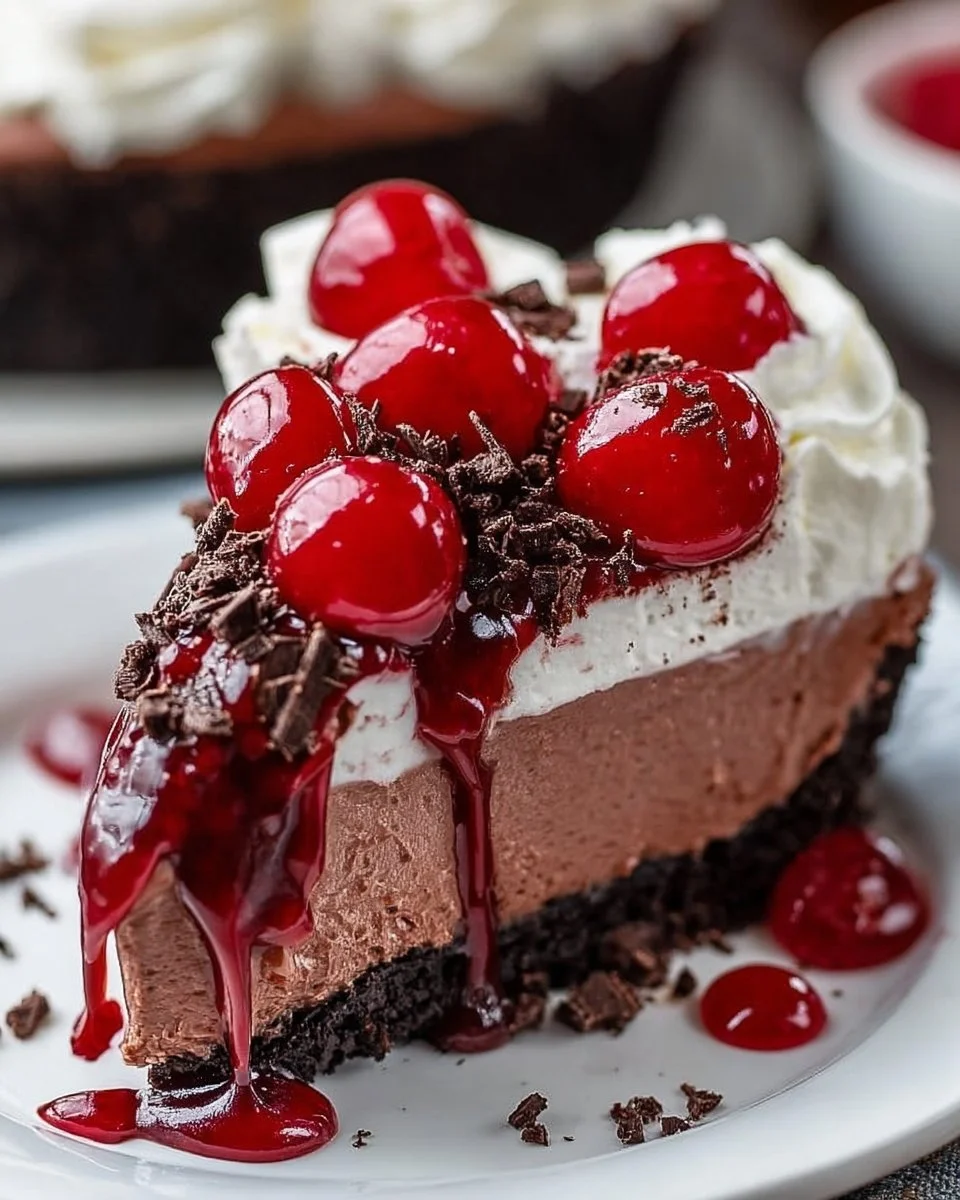 Delicious No Bake Black Forest Cheesecake topped with cherries and chocolate shavings