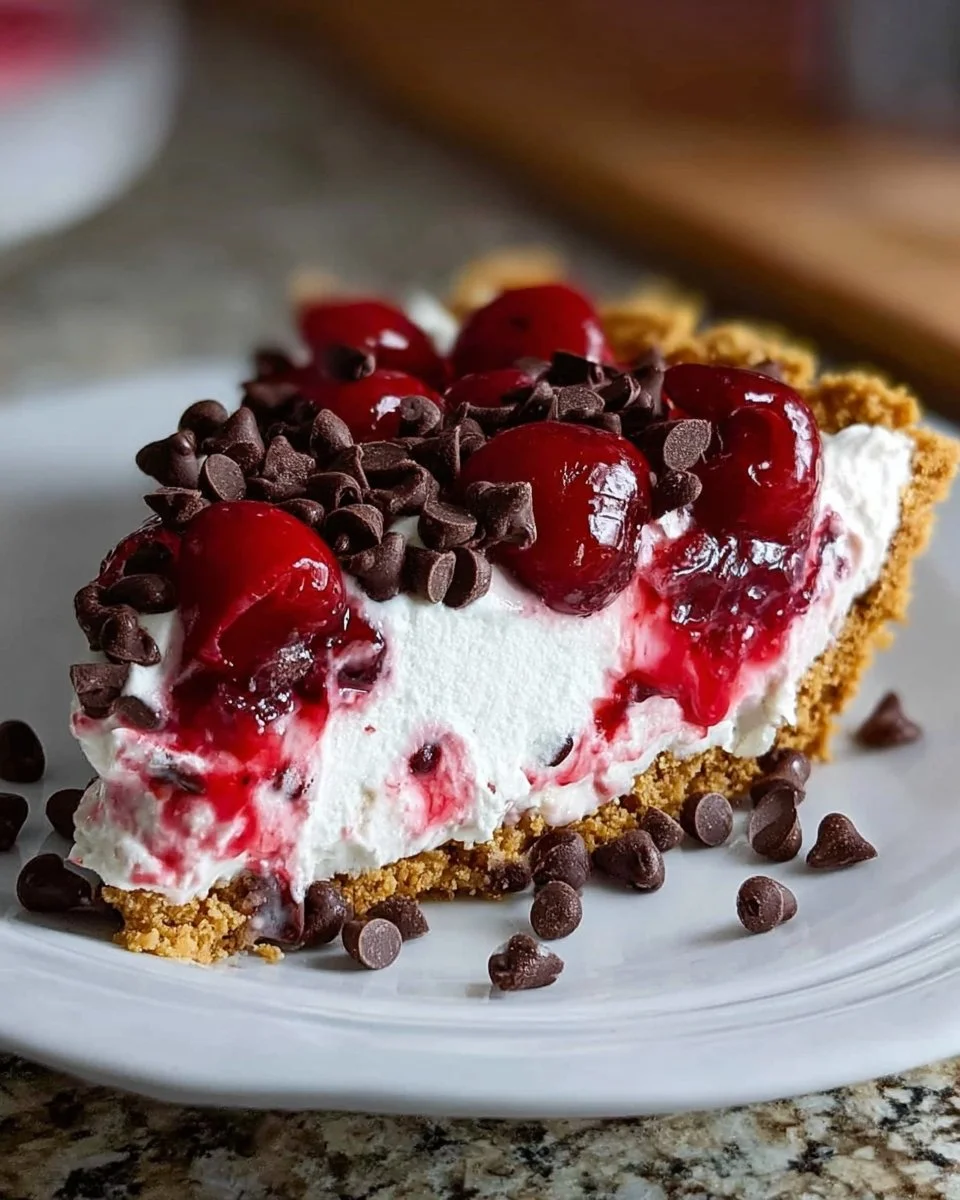 No-Bake Cherry Chocolate Chip Pie with cherry topping and chocolate chips