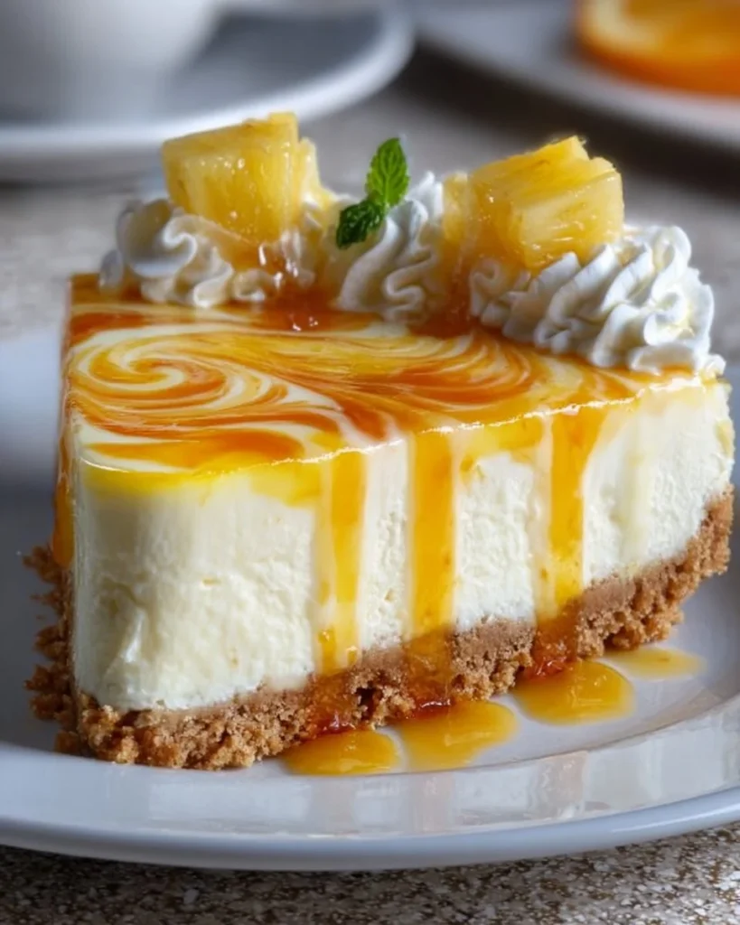 No-Bake Orange Pineapple Swirl Cheesecake garnished with pineapple slices.