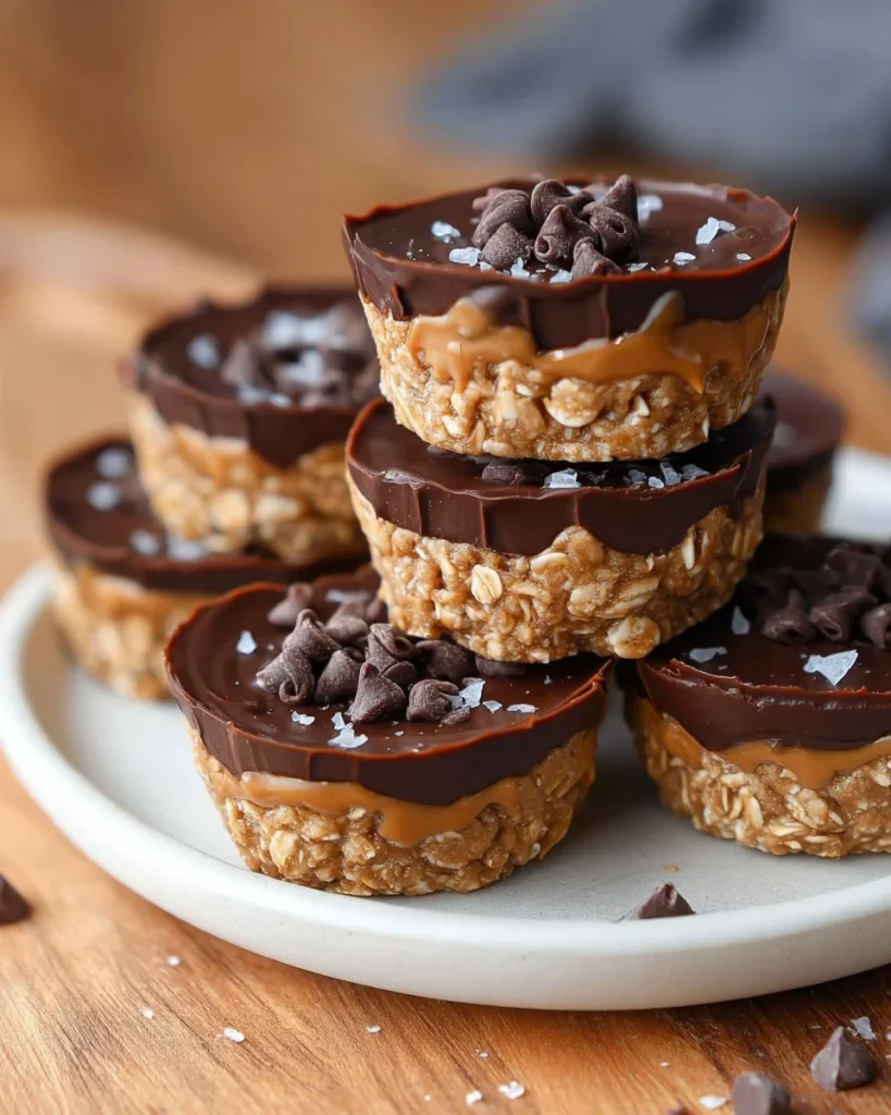 No bake peanut butter oat cups stacked on a plate