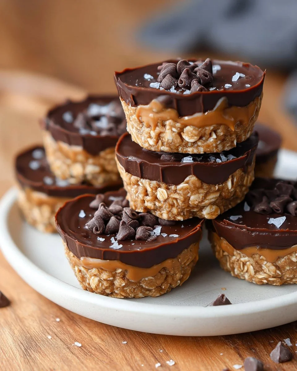 No bake peanut butter oat cups stacked on a plate