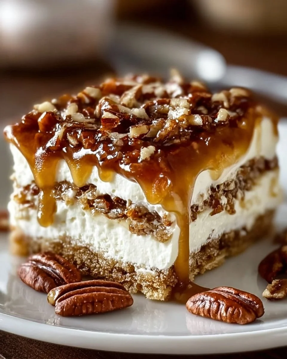 Delicious no-bake pecan pie lasagna layered with creamy filling and pecans