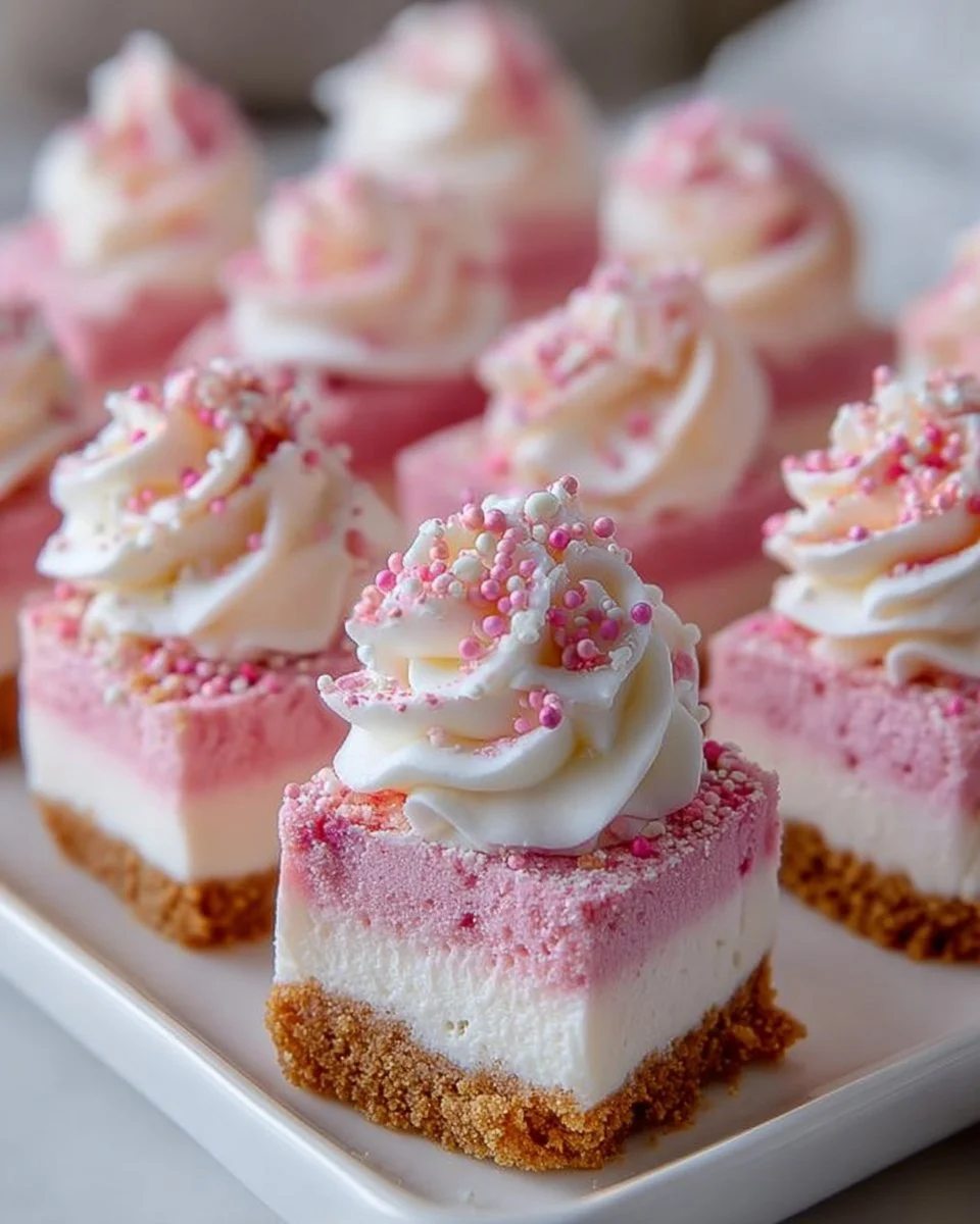 No-bake pink velvet cheesecake bites topped with whipped cream and sprinkles