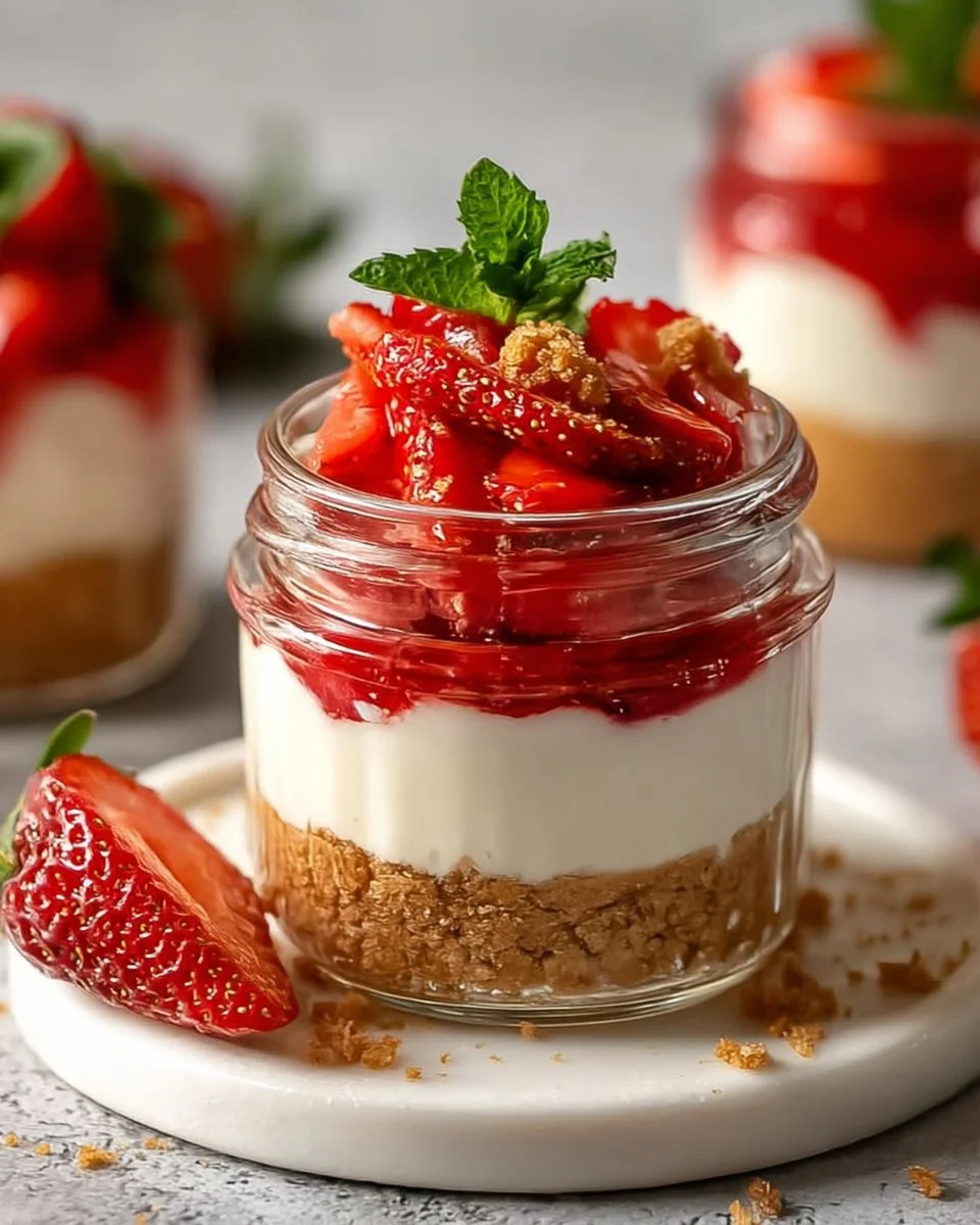 No-bake strawberry cheesecake jars topped with fresh strawberries
