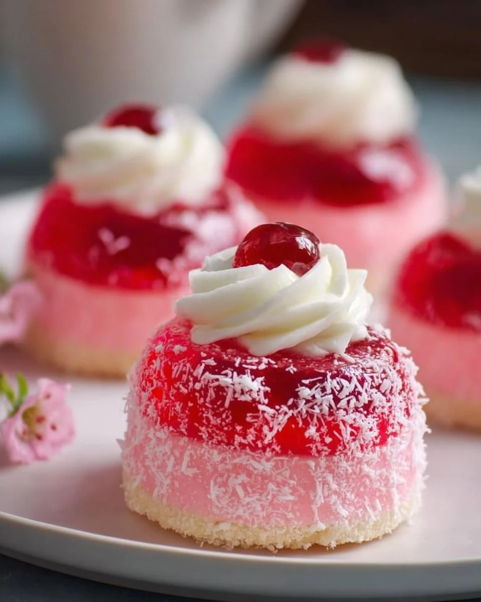 A plate of old-fashioned pink jelly cakes with a soft pink hue and a glistening texture.