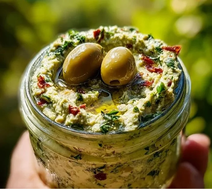 Creamy feta and green olive dip served in a bowl with bread and herbs