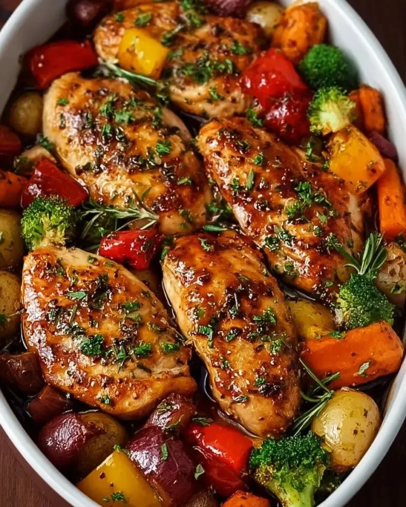 One Pan Balsamic Chicken with colorful veggies on a serving plate