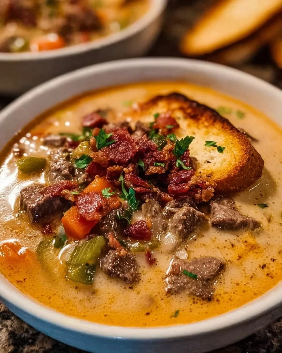 Delicious One-Pot Philly Cheesesteak Soup topped with bacon and cheesy toast