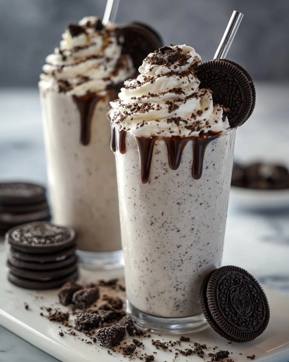 Delicious Oreo milkshake topped with whipped cream and crushed Oreos
