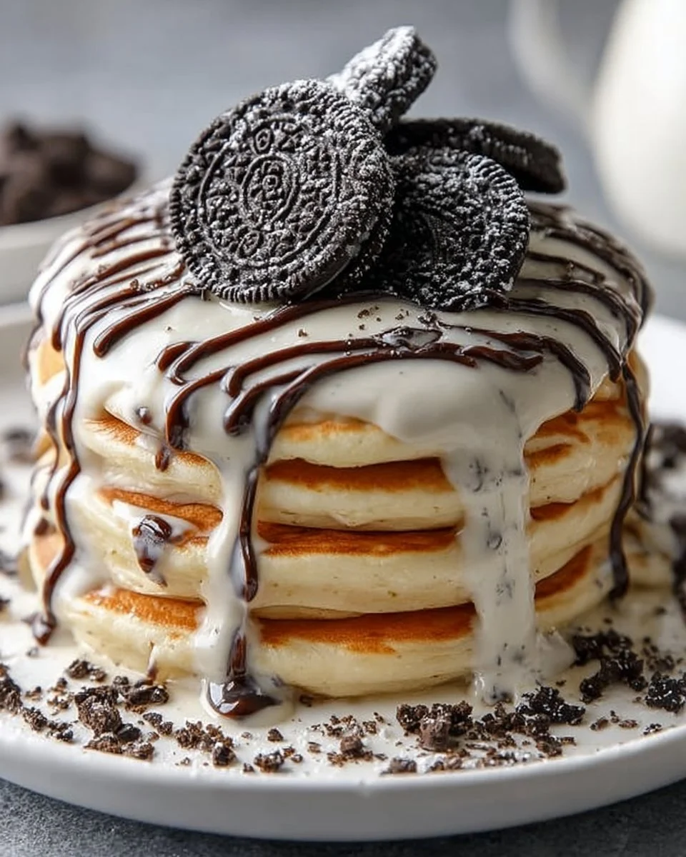 Oreo pancakes topped with cream cheese drizzle on a plate