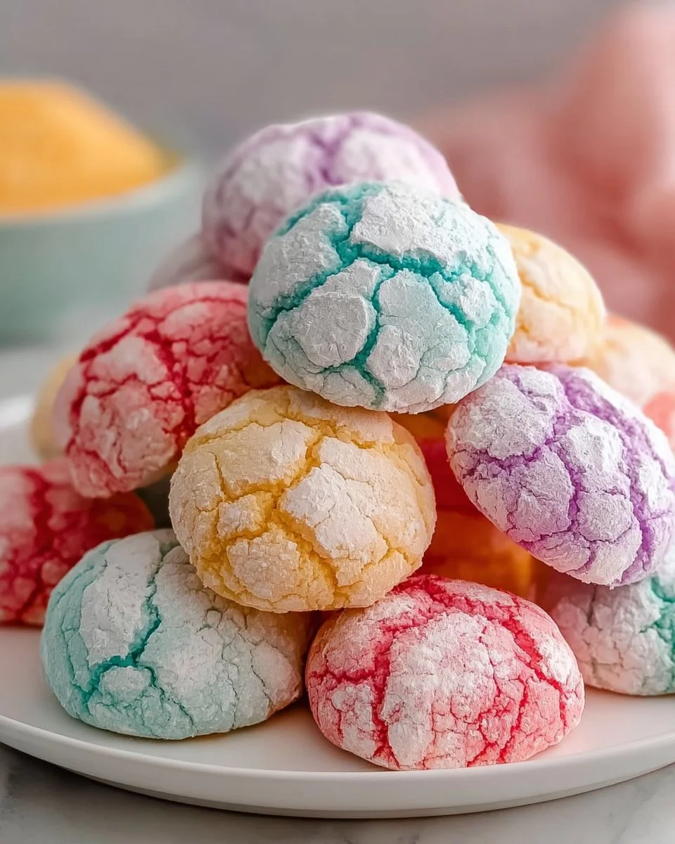Delicious pastel crinkle cookies dusted with powdered sugar on a plate.