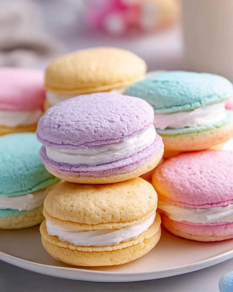 Pastel sugar cookie sandwiches filled with creamy frosting