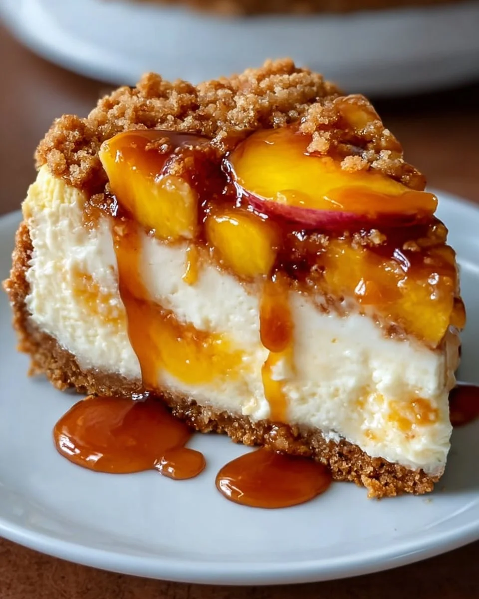 Slice of Peach Cobbler Cheesecake topped with fresh peaches and crumble