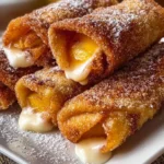 Peach Cobbler Egg Rolls served with ice cream on a plate