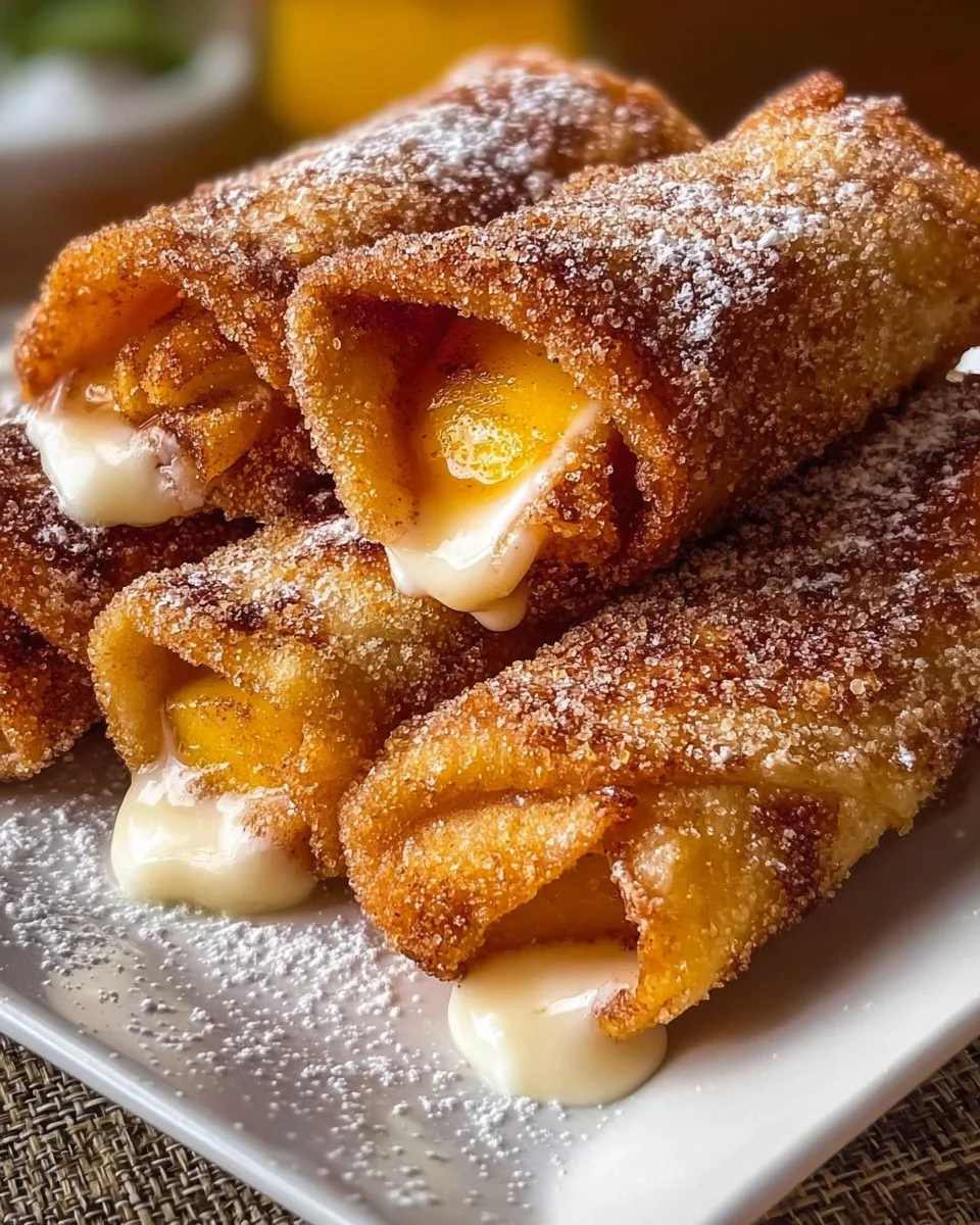 Peach Cobbler Egg Rolls served with ice cream on a plate