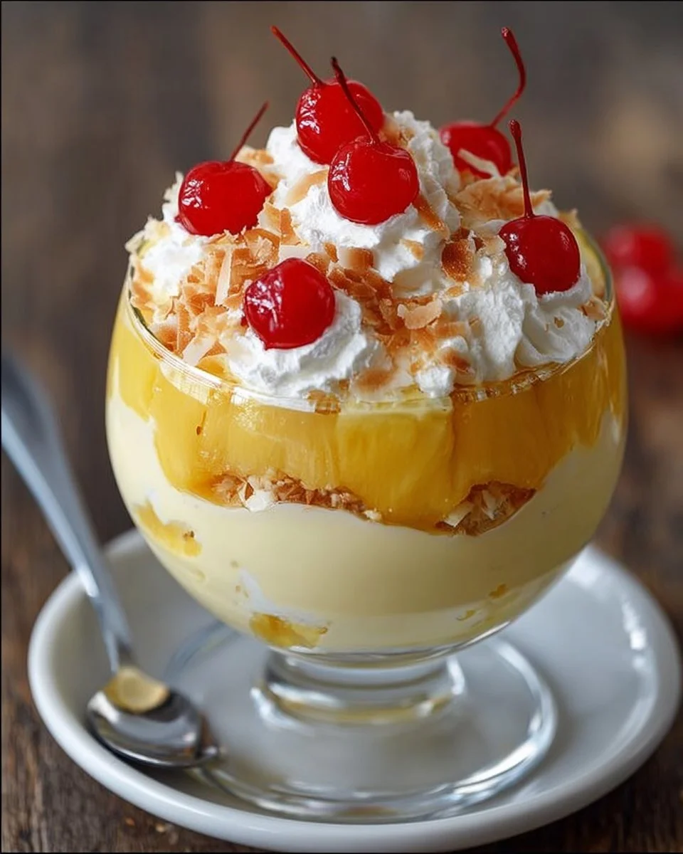 Delicious Pina Colada Custard Trifle with layers of creamy custard and tropical fruits.