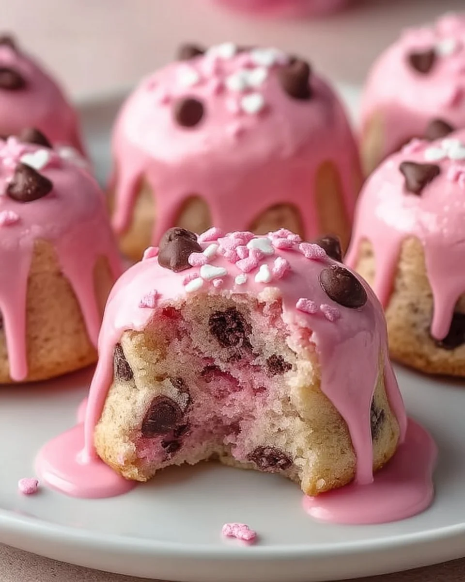 Pink Cookie Dough Mini Cakes decorated with frosting and sprinkles