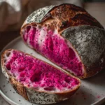 Loaf of pink sourdough bread on a wooden cutting board.