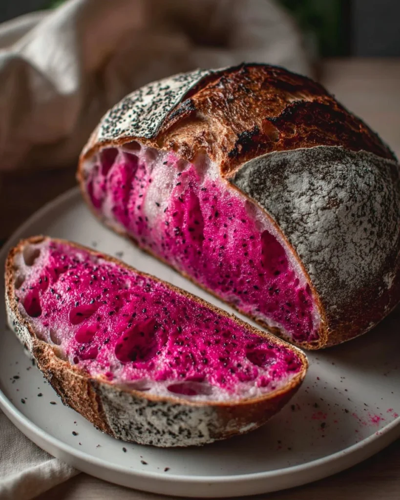 Loaf of pink sourdough bread on a wooden cutting board.