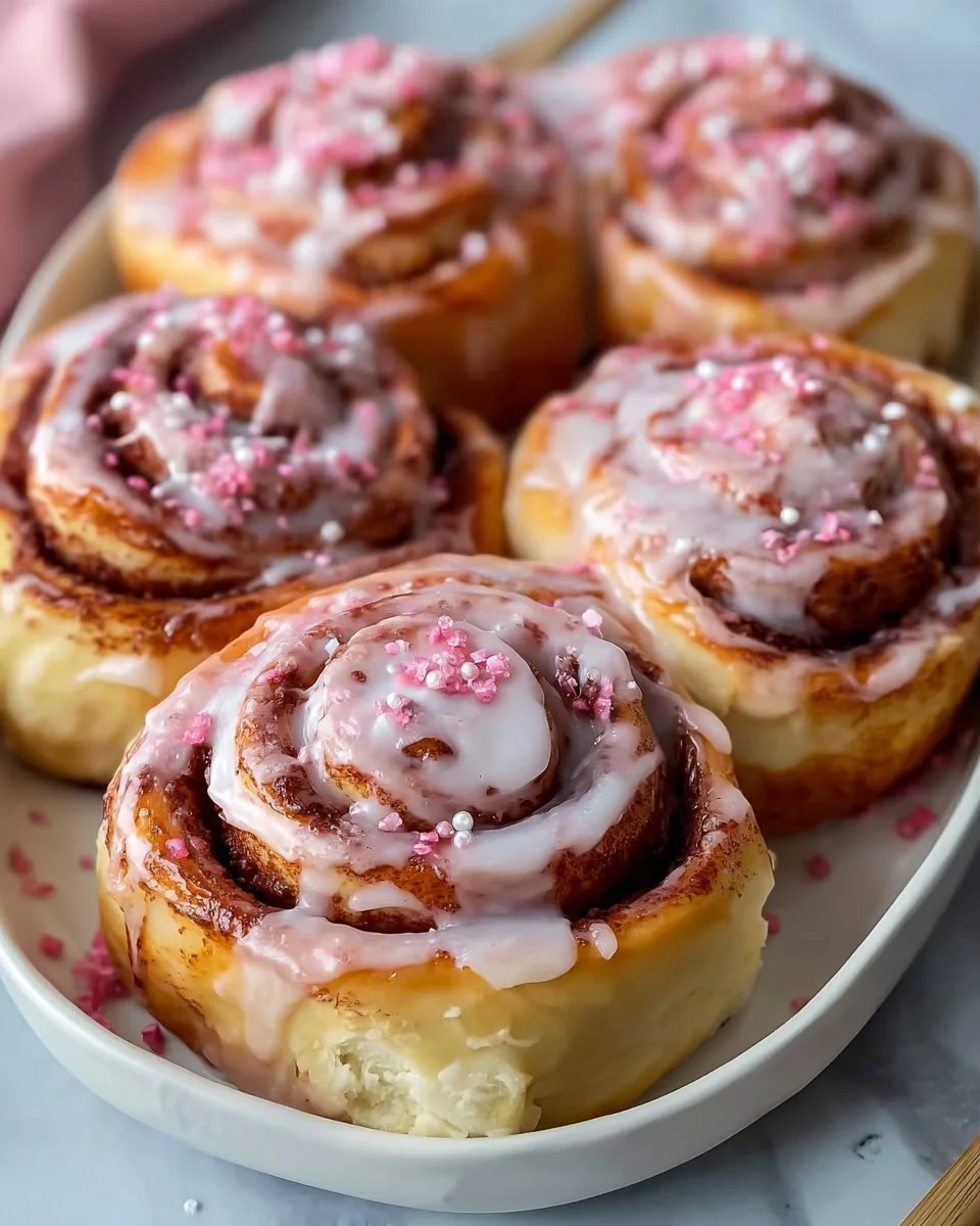 Freshly baked Pink Velvet Cinnamon Rolls topped with cream cheese frosting