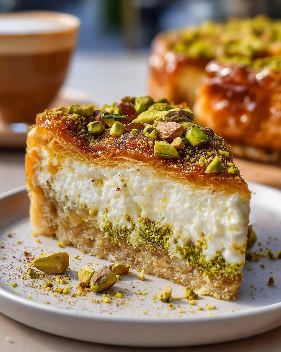 Pistachio Baklava Cheesecake with layers of cream and nuts